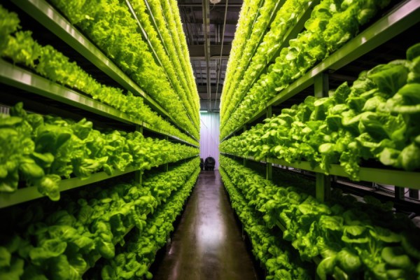 hydroponic lettuce growing in a vertical farm, created with generative ai