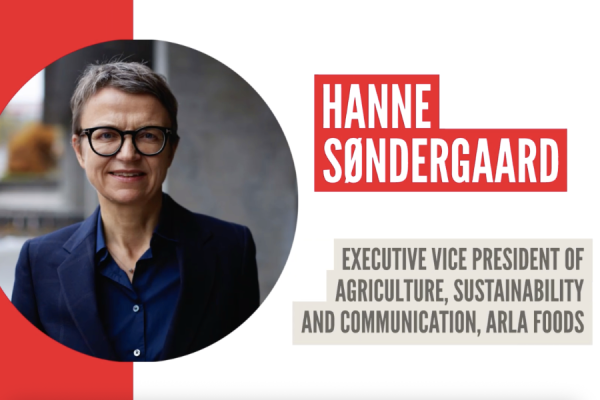 Portrait of Hanne Søndergaard, Executive Vice President of Agriculture, Sustainability and Communication at ARLA Foods, in a circular photo with a red design on the left.