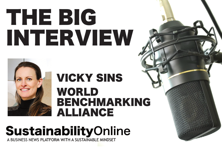 Podcast cover for The Big Interview featuring Vicky Sins of the World Benchmarking Alliance; portrait on left, large microphone on the right.