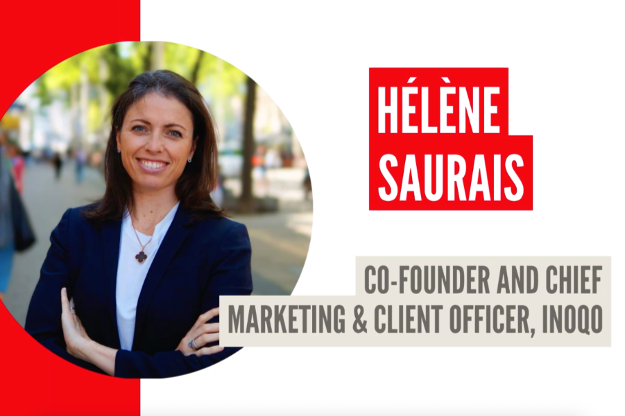 Portrait of Helene Saurais, co-founder and Chief Marketing & Client Officer, INOQ, with her name in bold red blocks on the right.