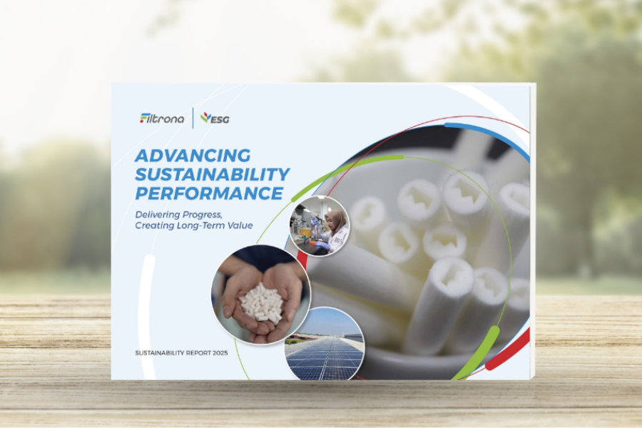 Cover of a sustainability report titled 'Advancing Sustainability Performance' on a wooden table outdoors, with circular images and colorful arcs.