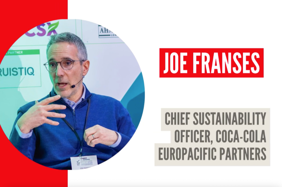 Joe Franses, Chief Sustainability Officer of Coca-Cola Europacific Partners, speaking at an event.