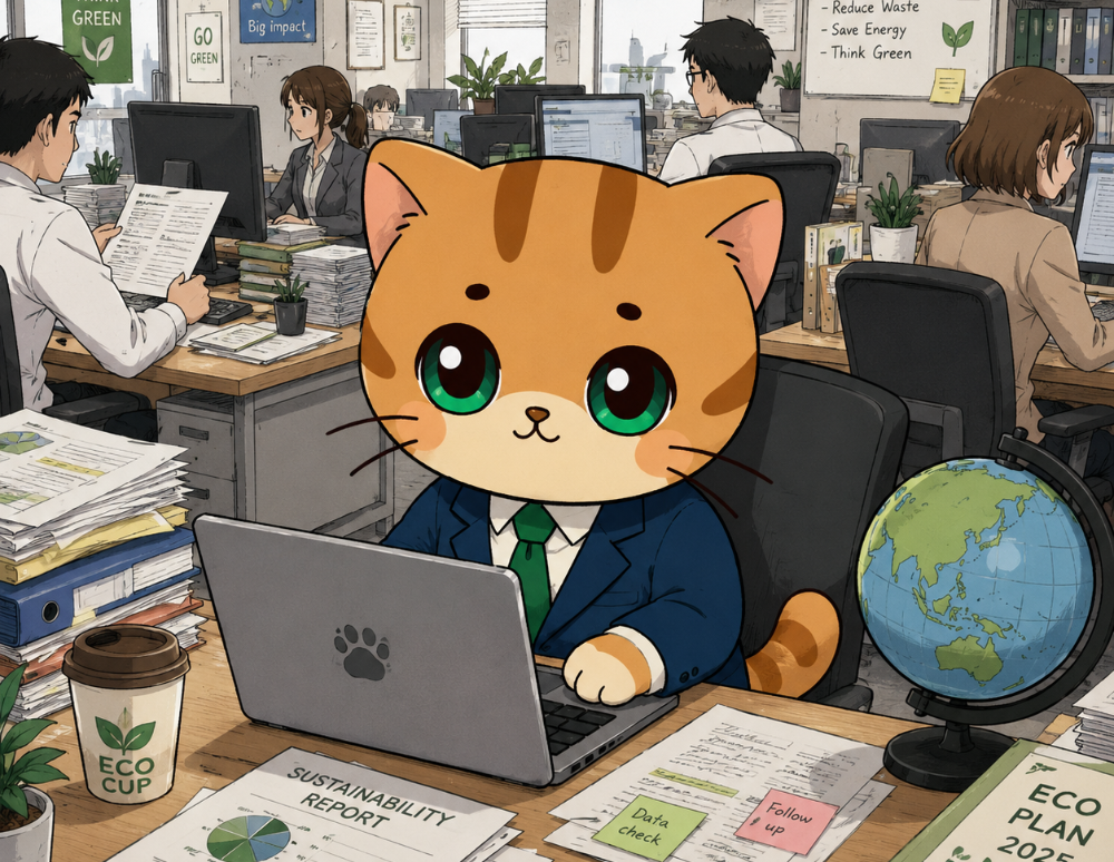 Cartoon orange tabby in a suit typing on a laptop at a busy office desk with a globe, coffee cup, and stacks of documents emphasizing an eco-friendly workplace.