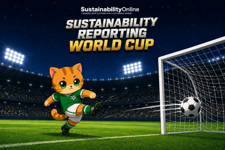 Cartoon orange kitten in a green soccer kit kicks a ball toward the goal in a packed stadium at night, with the title Sustainability Reporting World Cup above.