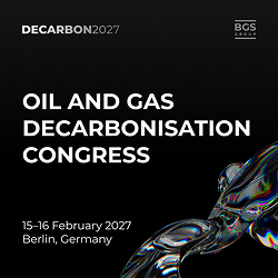 Banner for the Oil and Gas Decarbonisation Congress (Feb 15&ndash;16, 2027, Berlin) with a dark background and abstract ribbon artwork.