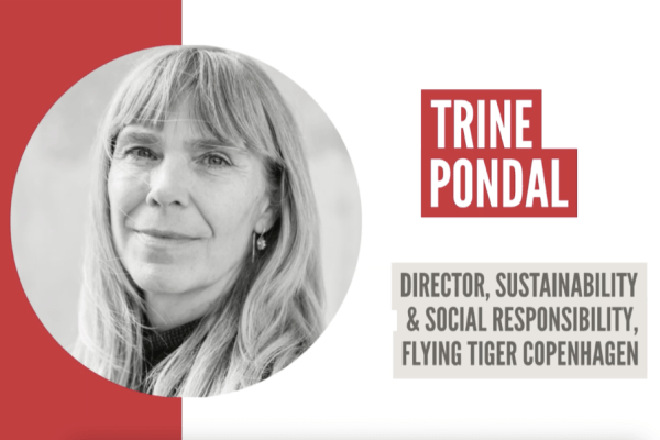 Portrait of Trine Pondal, Director of Sustainability & Social Responsibility at Flying Tiger Copenhagen, in a circular photo with red branding elements on the left/right.