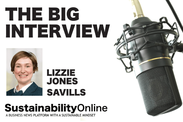 Podcast cover: 'THE BIG INTERVIEW' with Lizzie Jones (Savills) portrait on the left, a large microphone on the right, and the words 'SustainabilityOnline' with a subtitle about a business news platform with a sustainable mindset.