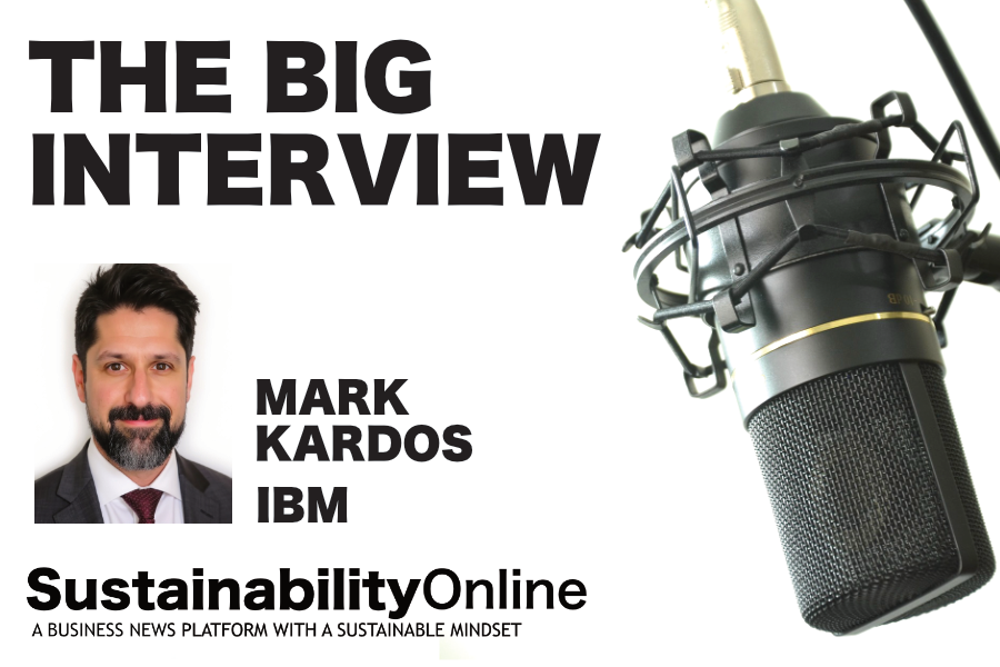 Podcast cover for 'The Big Interview' with Mark Kardos (IBM) and a large microphone, set on a white background; includes 'SustainabilityOnline' subtitle.
