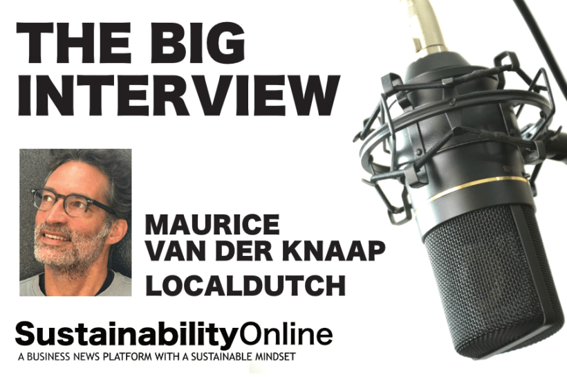 Podcast cover: 'The Big Interview' with Maurice van der Knaap; microphone on the right and his portrait on the left, SustainabilityOnline branding.