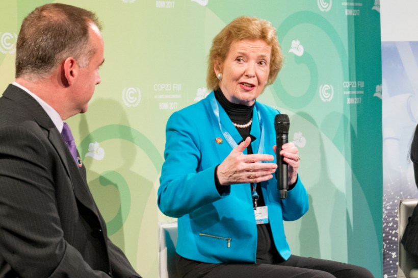 [Photo: Mary Robinson speaking at a Climate Neutral Now event at COP23, November 2017. Source: UNFCCC]