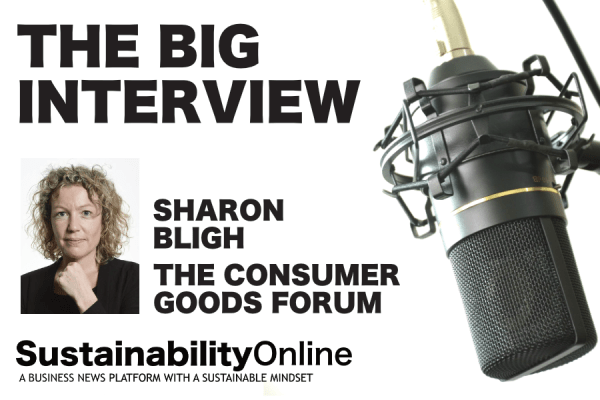Podcast cover: title 'The Big Interview' with Sharon Bligh of The Consumer Goods Forum, microphone on the right, 'Sustainability Online' subtitle.