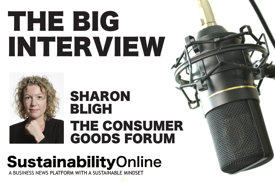 Podcast cover: title 'The Big Interview' with Sharon Bligh of The Consumer Goods Forum, microphone on the right, 'Sustainability Online' subtitle.